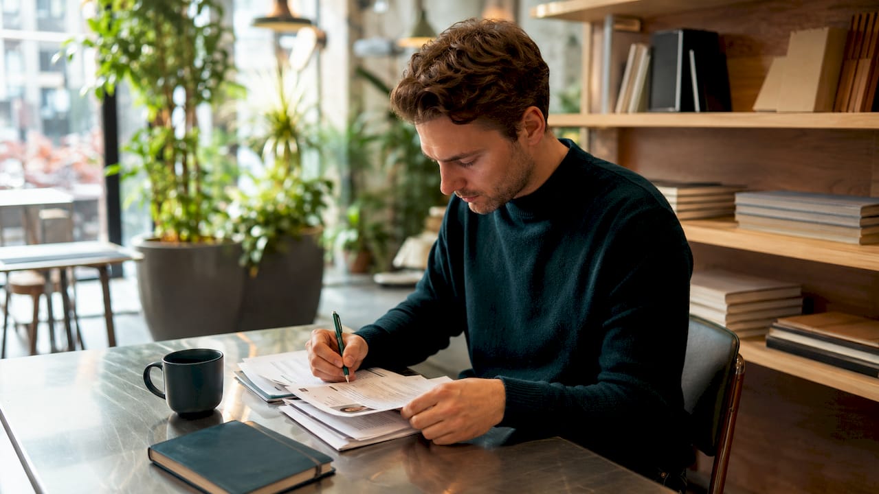 Een recruiter bekijkt technische cv’s achter zijn bureau, op zoek naar geschikte kandidaten.