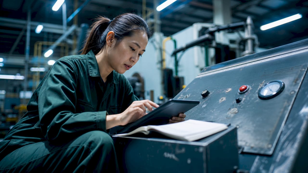 Een vrouw voert productiedata in op haar tablet.