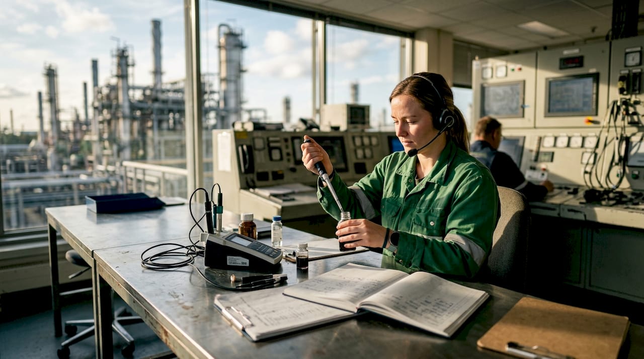 In de controlekamer neemt de procesoperator een monster om de kwaliteit te controleren.