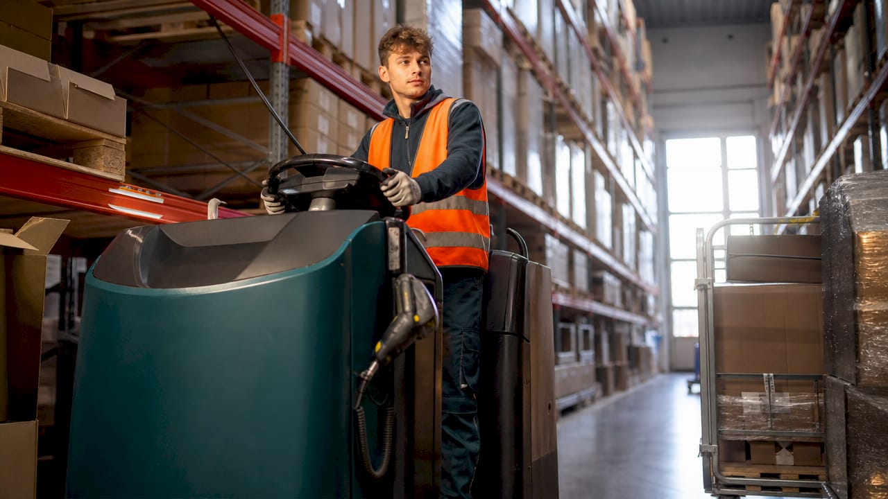 Een orderpicker rijdt met een heftruck door het gangpad van het magazijn.