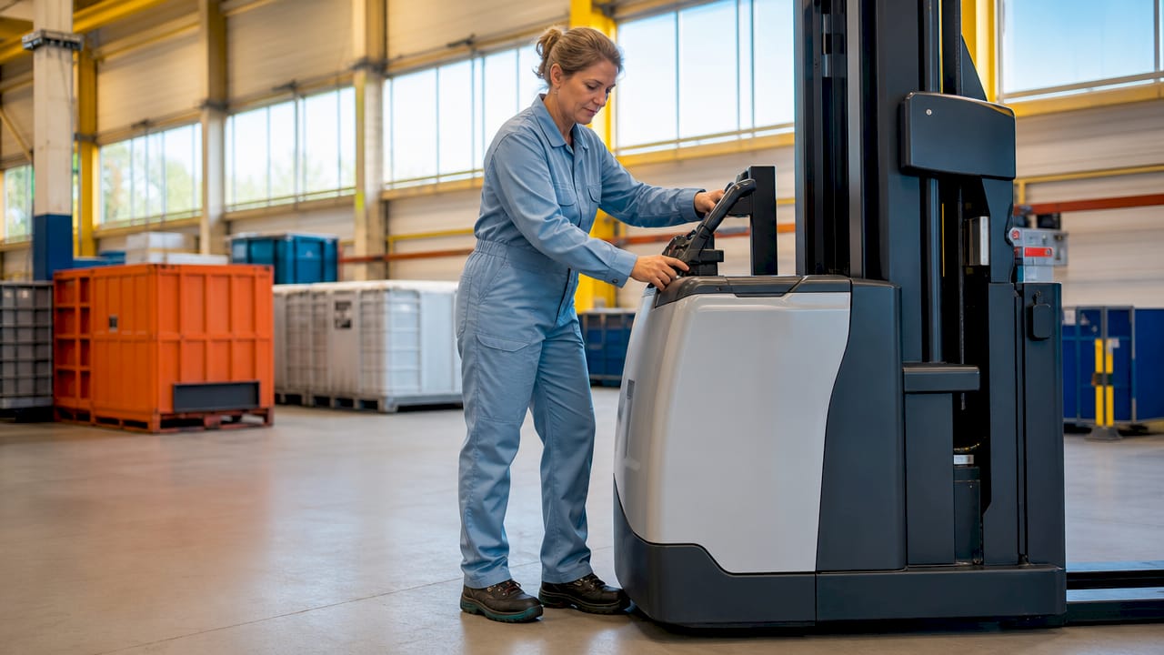 Magazijnmedewerker bedient moeiteloos de ergonomische bediening van de orderpicker