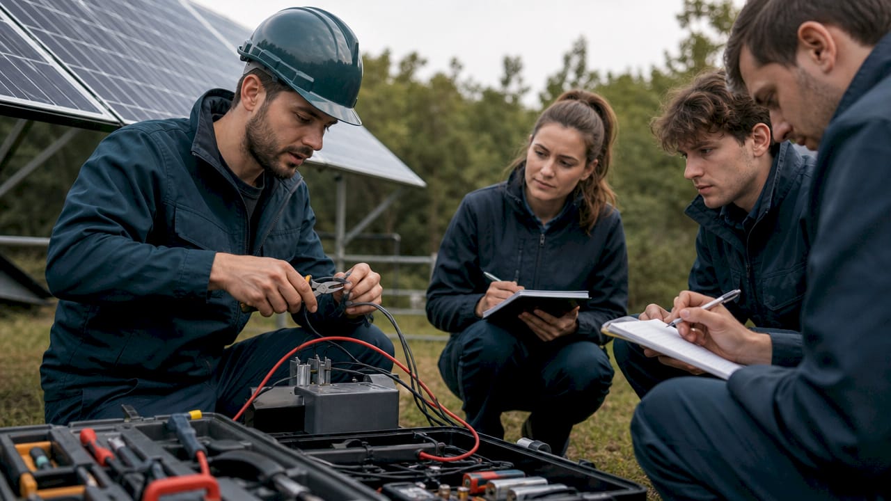 Een elektricien geeft binnen uitleg over verschillende bekabelingstechnieken.