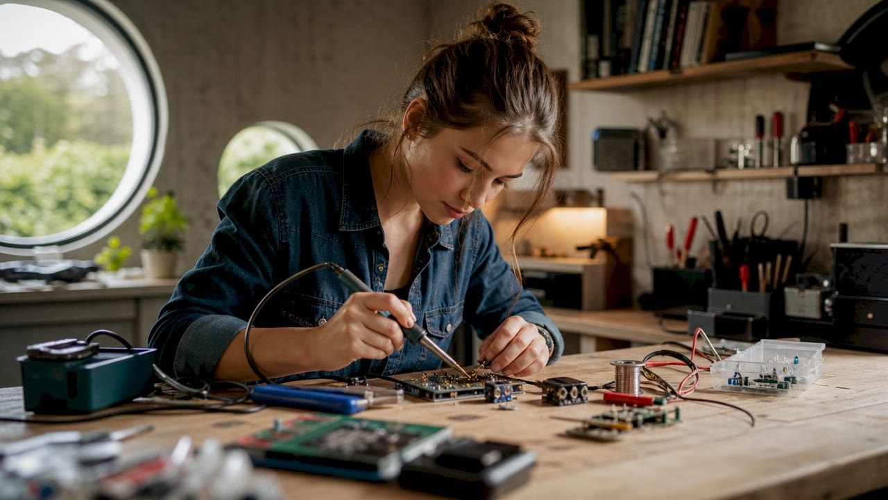 Een student is bezig met het bouwen van een elektrisch circuit tijdens een praktijkles in het technieklokaal.