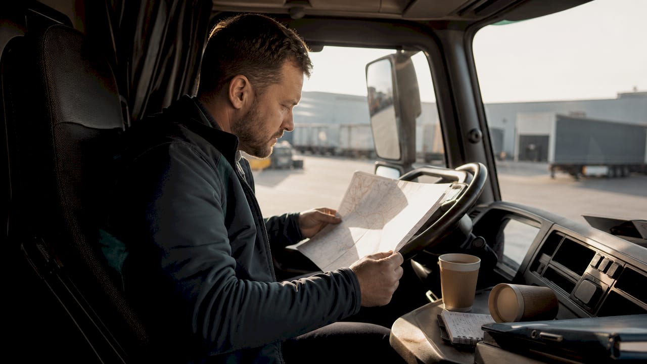 Een CE-chauffeur maakt zich klaar voor vertrek in de cabine van zijn vrachtwagen.