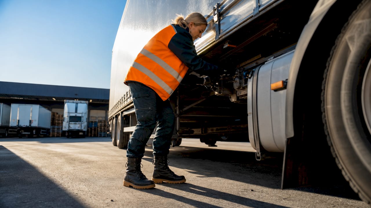 Voordat een CE-chauffeur de aanhangwagen aankoppelt, voert hij altijd een grondige controle uit.