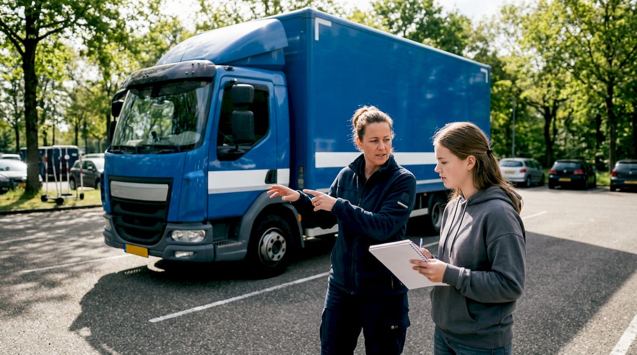 Een rijinstructeur legt buiten bij de vrachtwagen uit hoe alle functies en bedieningselementen werken.
