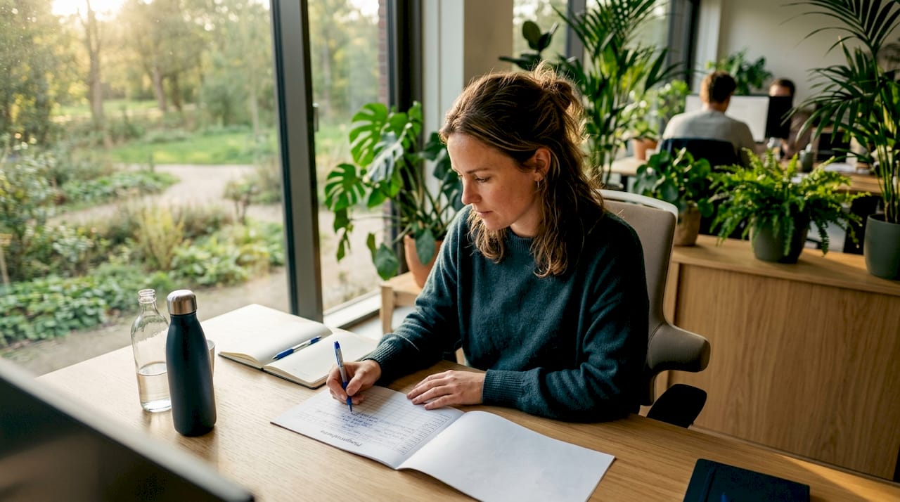 Een vrouwelijke teamleider loopt haar ploegrooster na op kantoor.