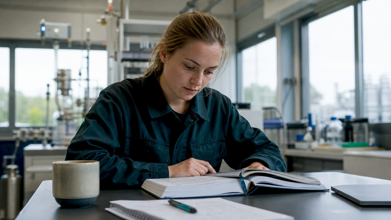 In de fabriek bladert een procesoperator door het Vapro-tabellenboek om gegevens te raadplegen.