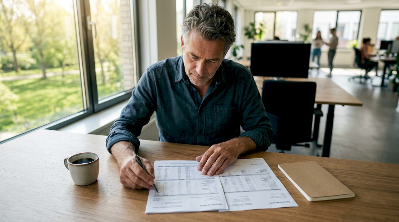 Een medewerker bekijkt zijn loonstrook op kantoor.