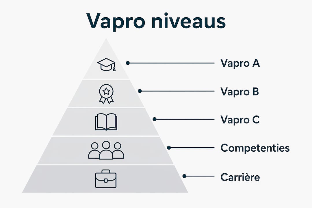 Overzichtelijke infographic van de Vapro-niveaus en de bijbehorende carrièremogelijkheden