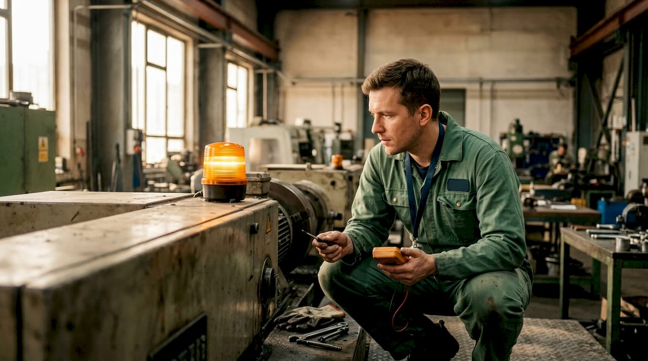 Een monteur is bezig met het onderhoud van een machine in de werkplaats.
