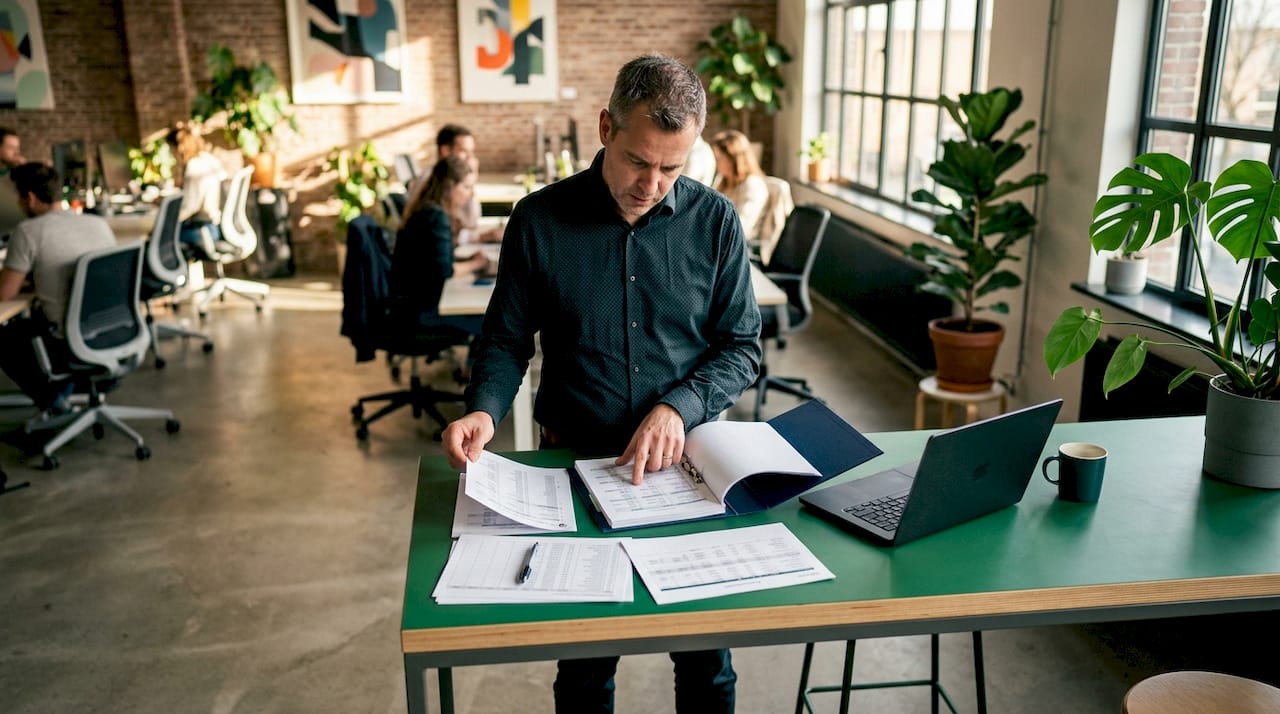 Een logistiek planner buigt zich over de transportplanning en controleert het bijbehorende papierwerk.