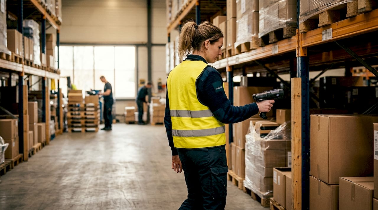 In het magazijn controleert een medewerker de binnengekomen producten door ze te scannen.