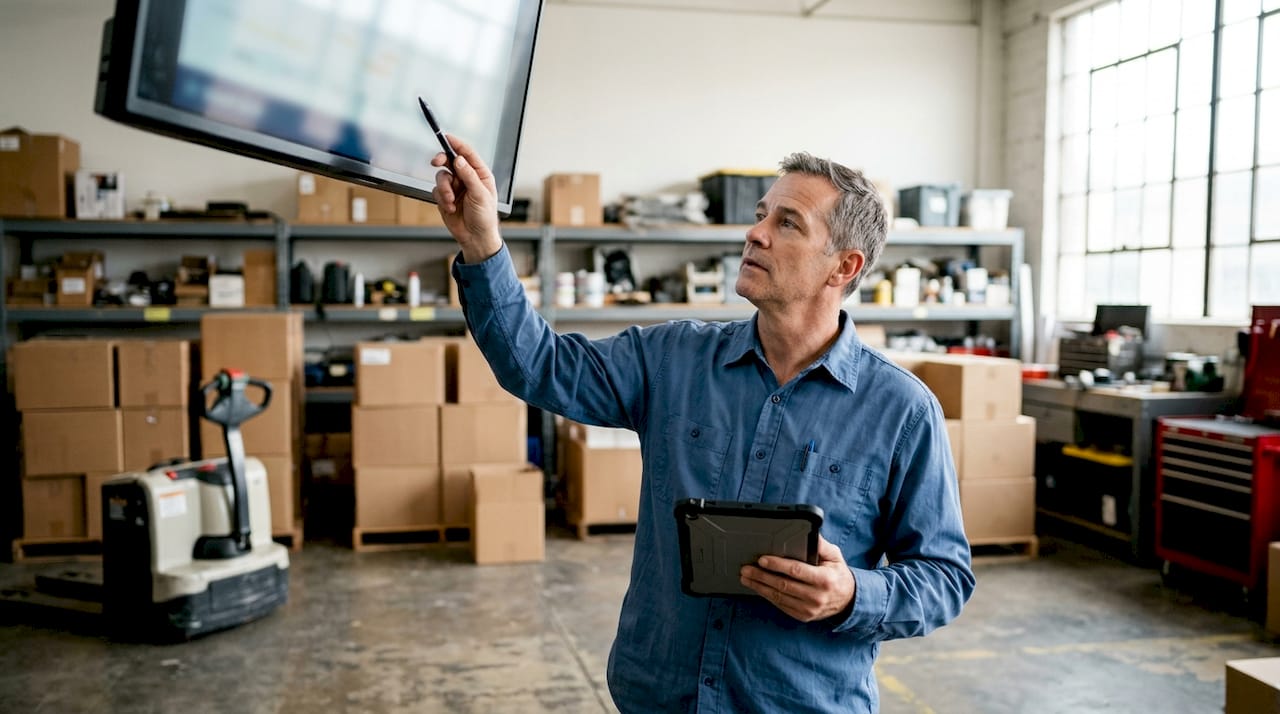 Een docent geeft uitleg over de mbo-opleiding logistiek aan studenten op de werkvloer in het magazijn.
