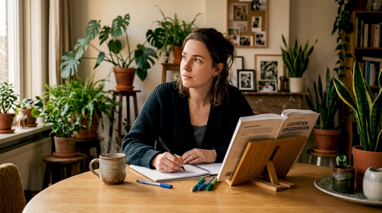 Een jonge vrouw verdiept zich thuis in de verschillende logistieke opleidingen en bekijkt welke het beste bij haar past.