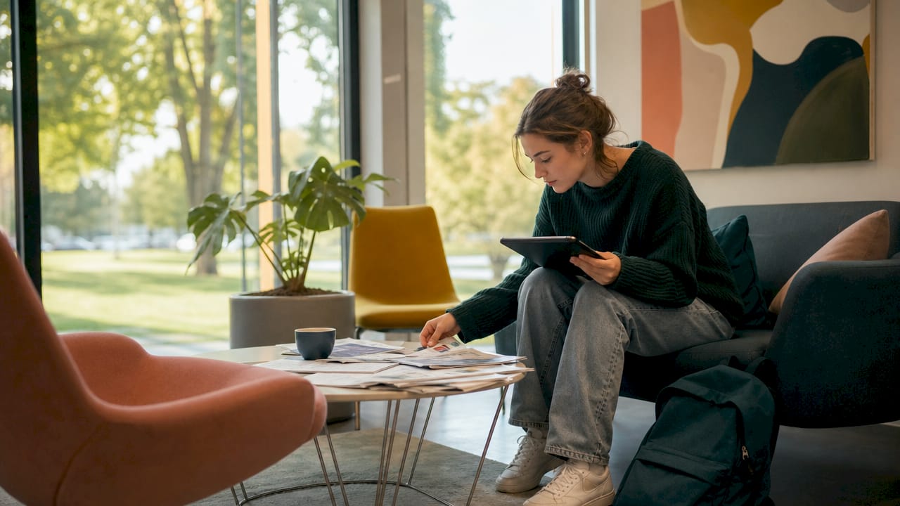 Een jonge vrouw is in het buurthuis op zoek naar mbo-vacatures in Limburg.