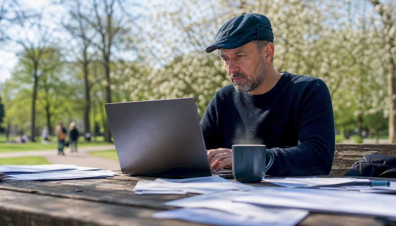 Een man zoekt naar vacatures in Limburg via zijn laptop terwijl hij ontspannen in een café zit.
