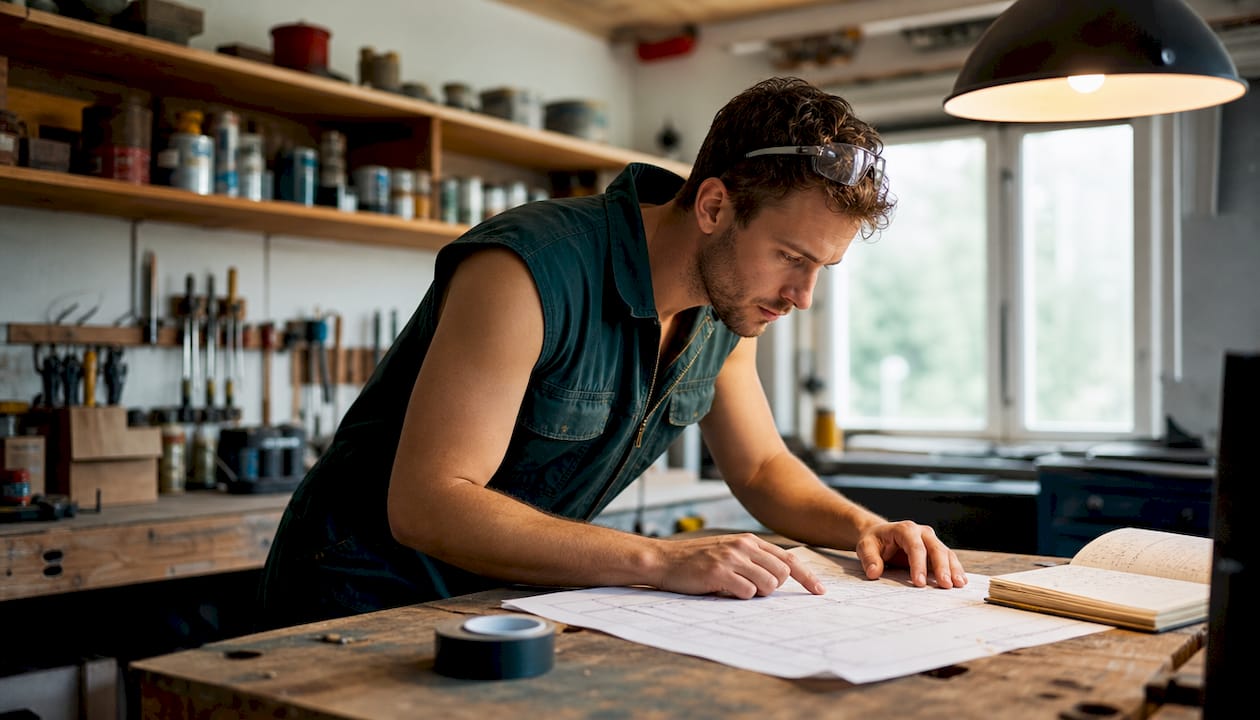 Een technisch specialist bekijkt en bespreekt bouwtekeningen in de werkplaats.