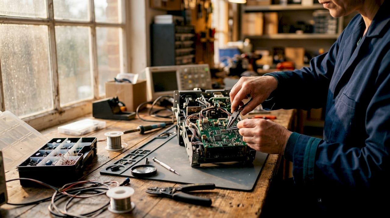In het lab worden elektronische apparaten zorgvuldig met de hand in elkaar gezet.