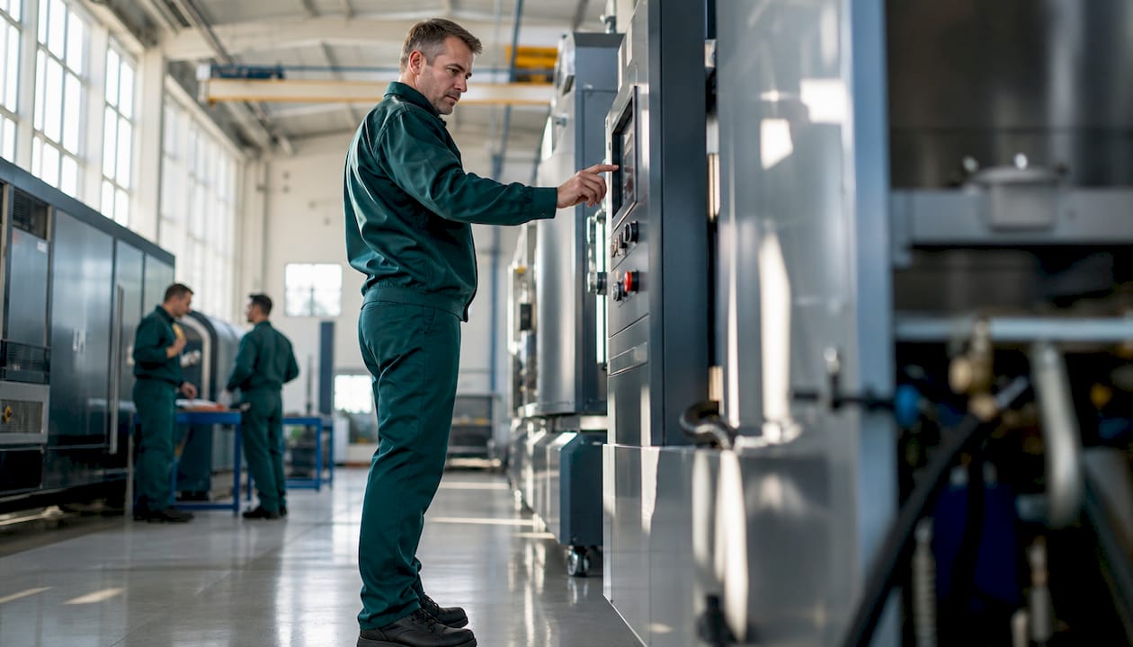 Monteur aan het werk tussen de machines in de productiehal