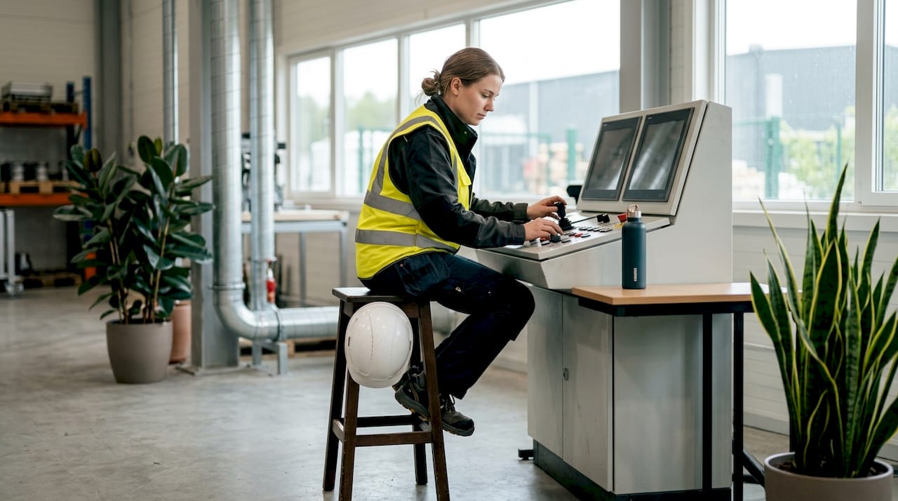 Een vrouwelijke medewerker bedient het controlepaneel op de werkvloer van de fabriek.