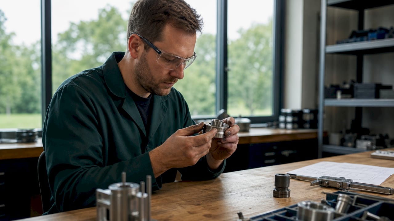 Een monteur controleert technische onderdelen op de werkbank.