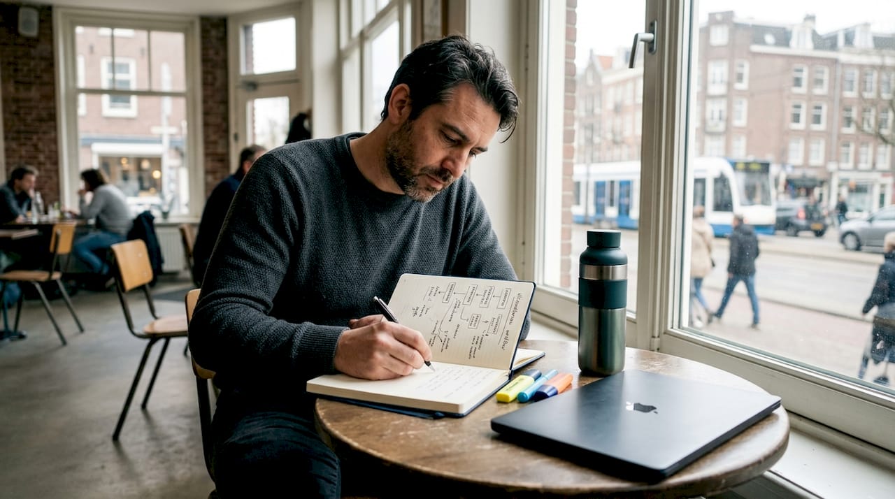 De projectmanager optimaliseert de workflow terwijl hij aan zijn bureau werkt.