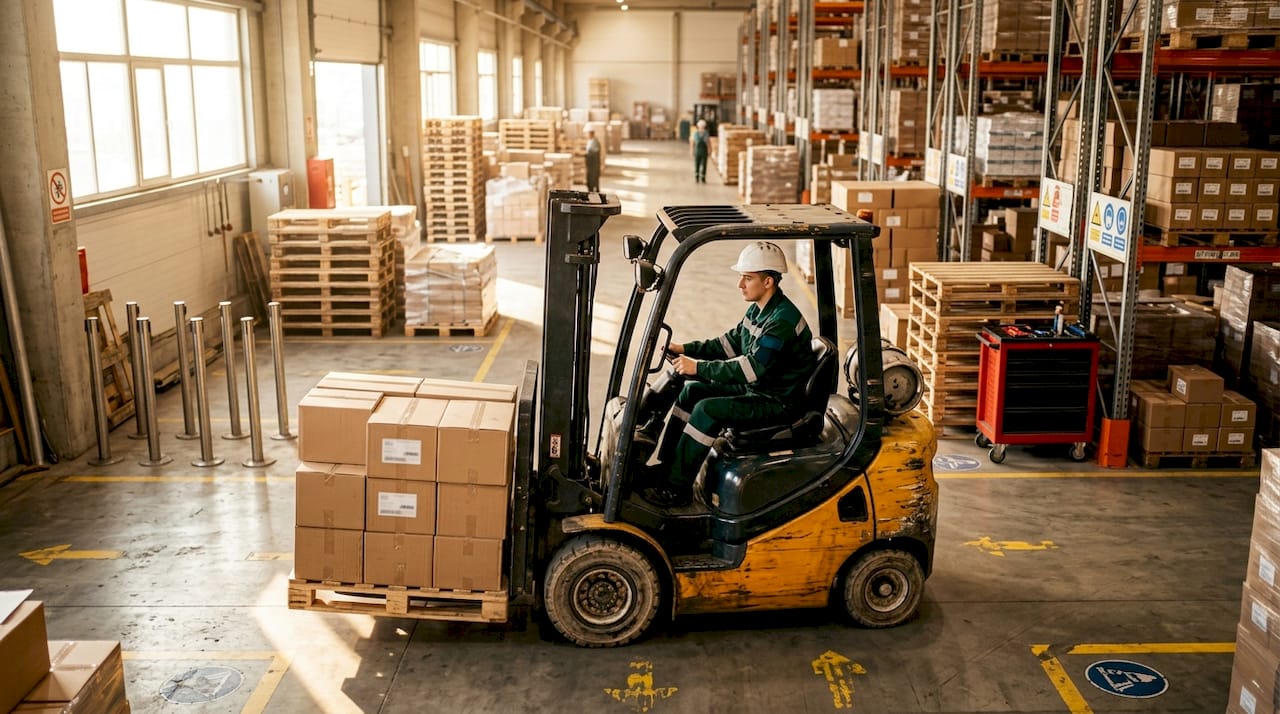 Een logistiek medewerker bestuurt een heftruck in het magazijn.
