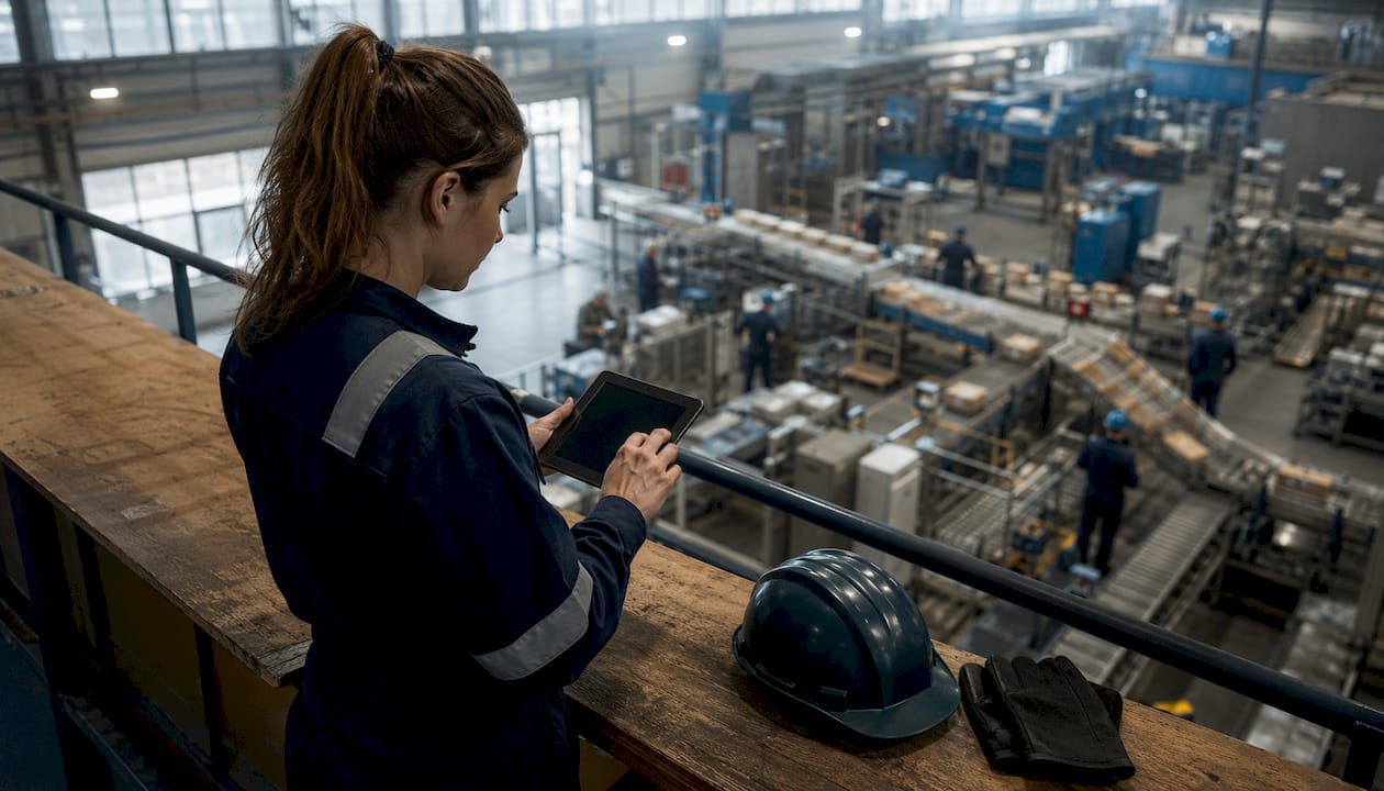 Een vrouwelijke medewerker controleert gegevens op een tablet op de productievloer.