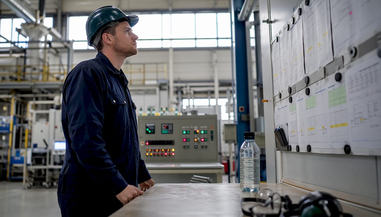 Een medewerker bekijkt in de fabriek de loonstroken en het werkrooster.