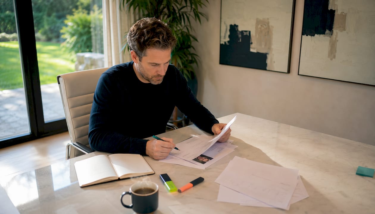 Een recruiter die cv’s van technisch personeel doorneemt