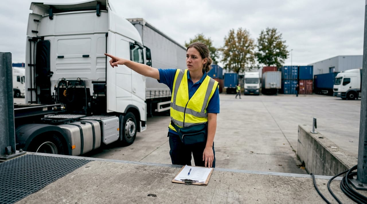 De vrachtwagenchauffeur laat zien waar de dode hoek zit.