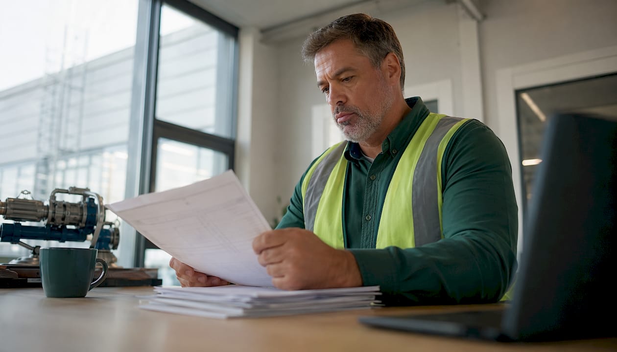 De productiemanager bekijkt de planningen op kantoor.