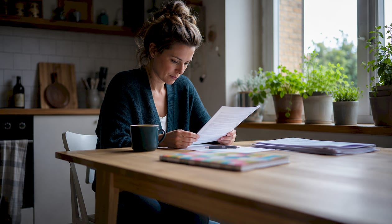 Een vrouw bekijkt thuis op haar laptop haar arbeidsovereenkomst.