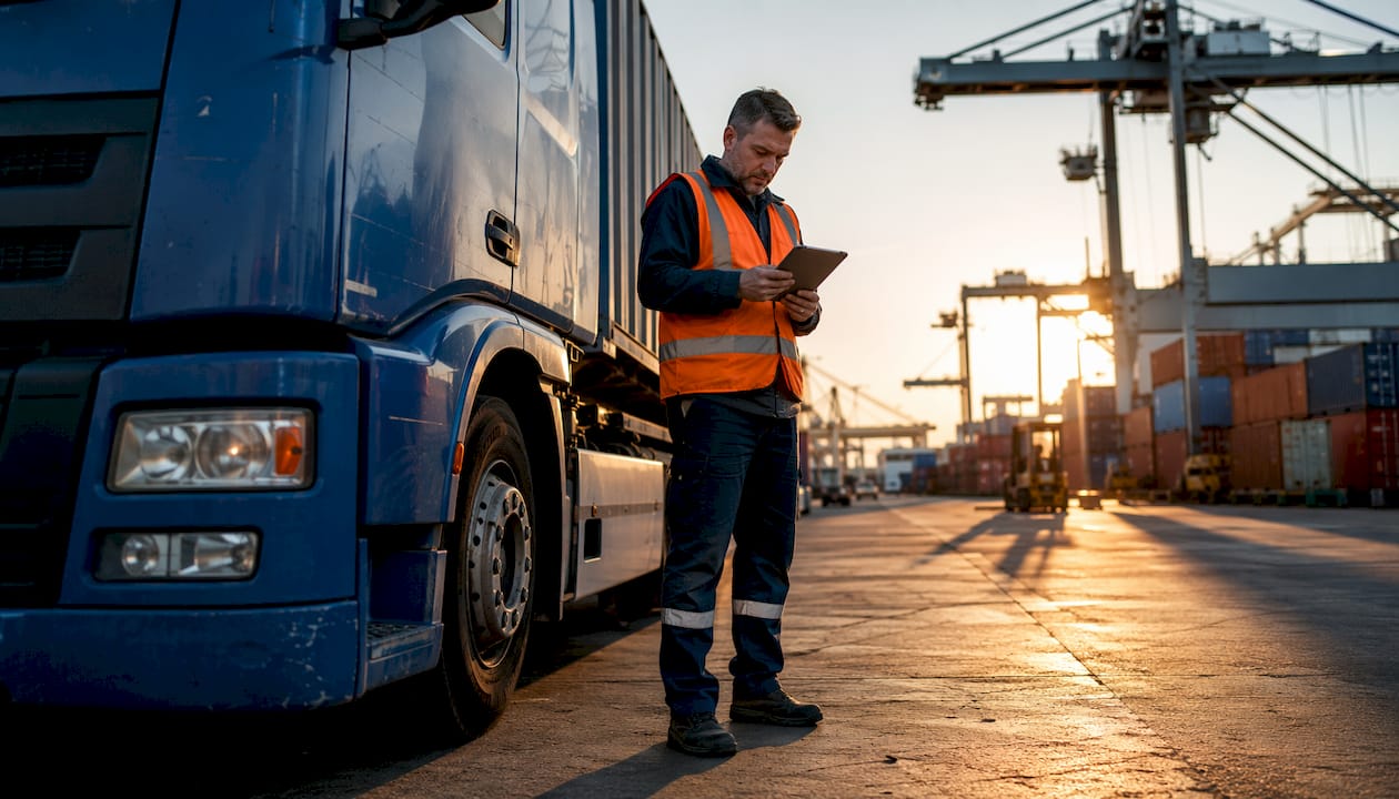 Een vrachtwagenchauffeur controleert zijn truck op het terrein van een logistiek centrum.
