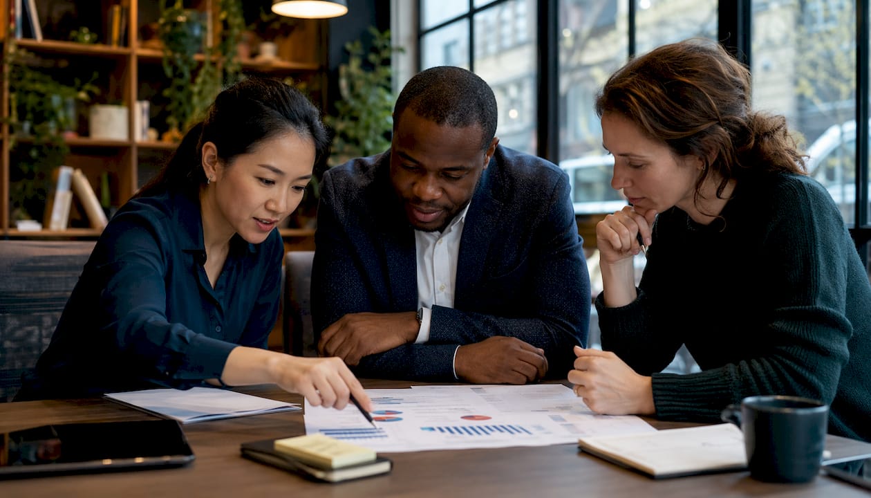 Het team overlegt in de vergaderruimte over de planning van de productie.