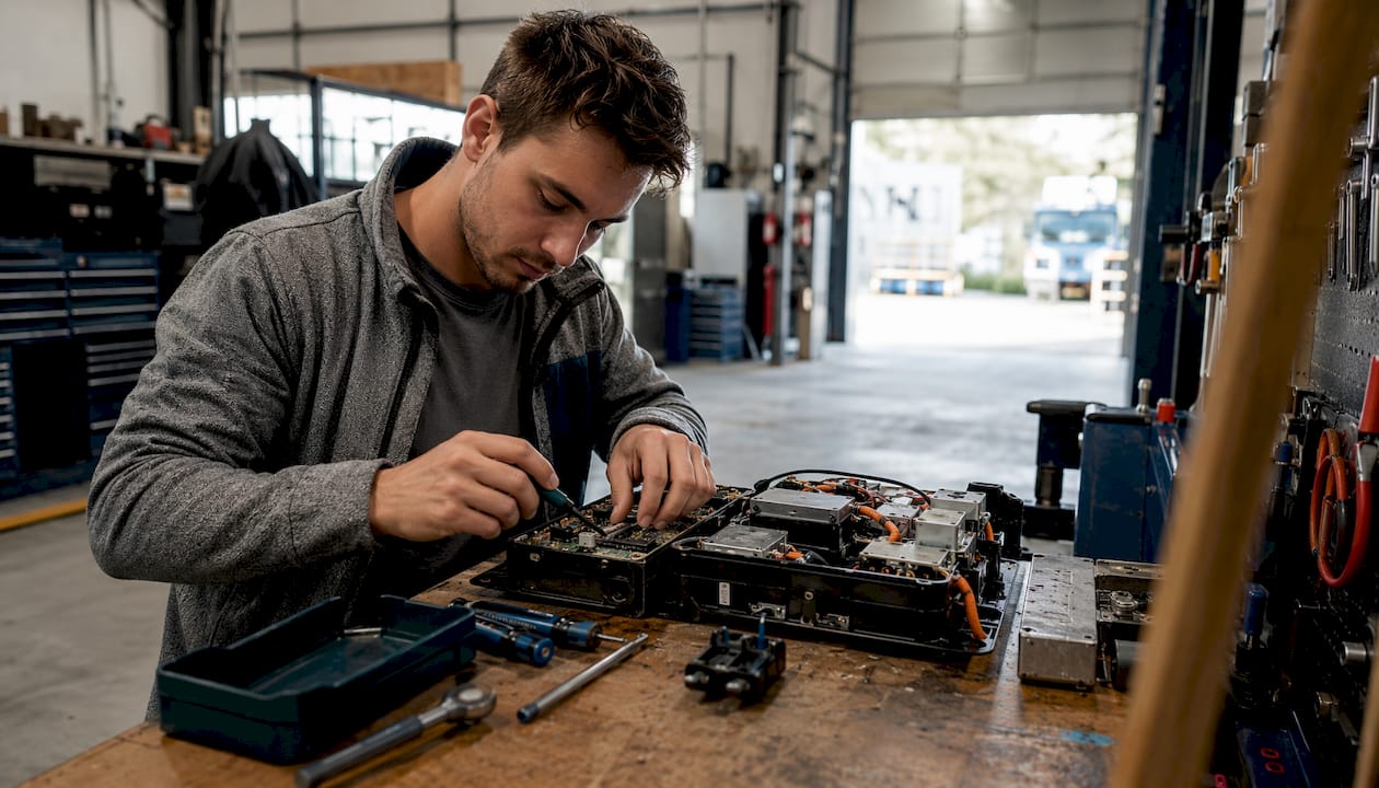 Een monteur is aan zijn werkbank bezig met het in elkaar zetten van een elektrisch onderdeel.