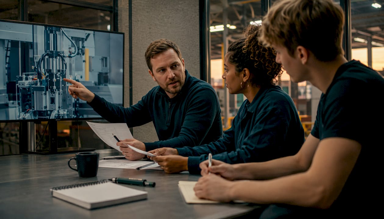 Het productieteam stemt samen af over de kwaliteitscontrole