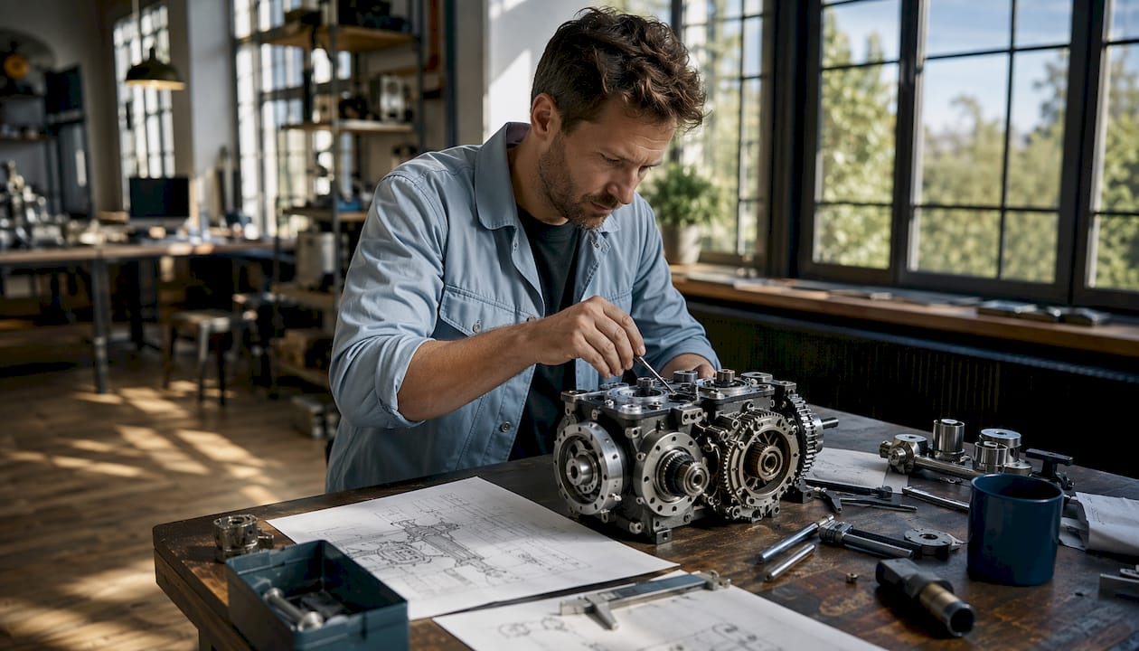 Een werktuigbouwkundig ingenieur controleert een mechanische constructie in de werkplaats.