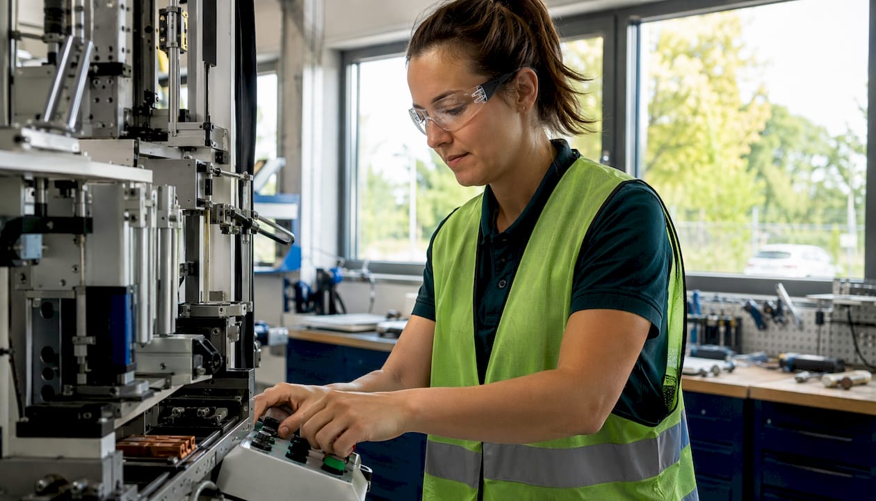 Een technicus stelt een robotarm bij aan de productielijn.