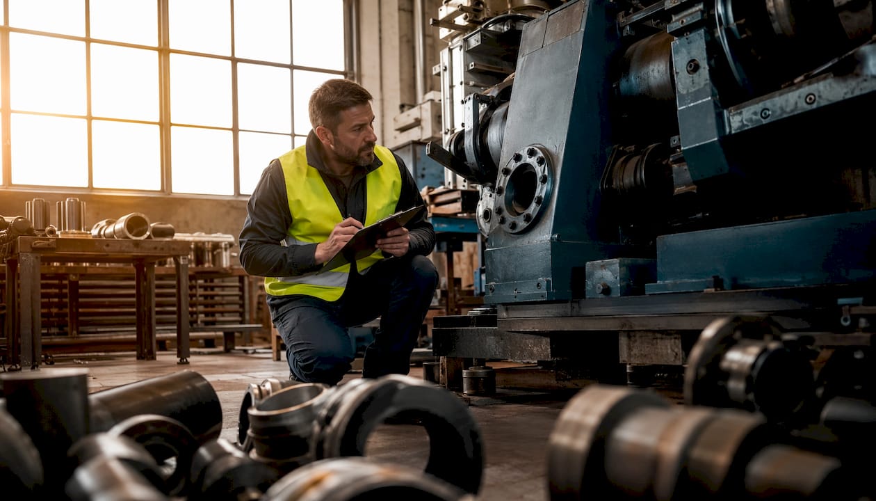 Een technicus controleert een industriële machine op de werkvloer.