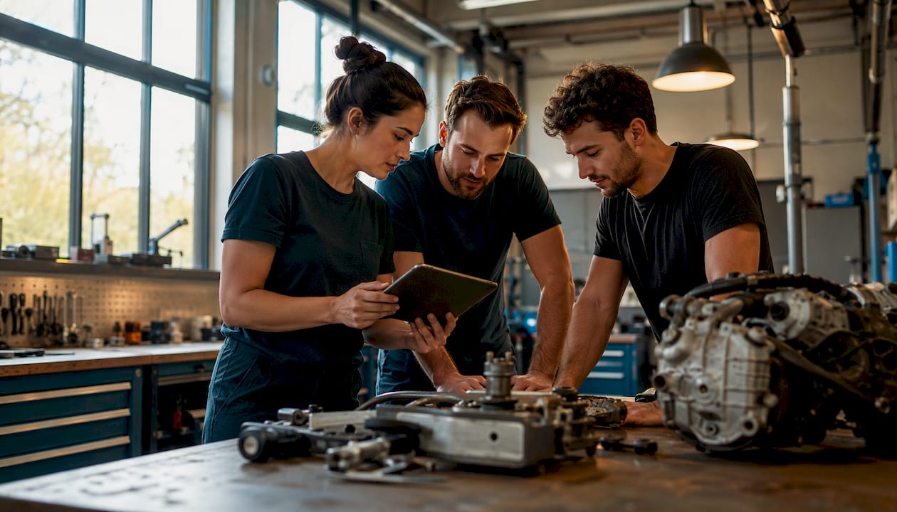 Twee monteurs bespreken hun werk bij de werkbank in de werkplaats.