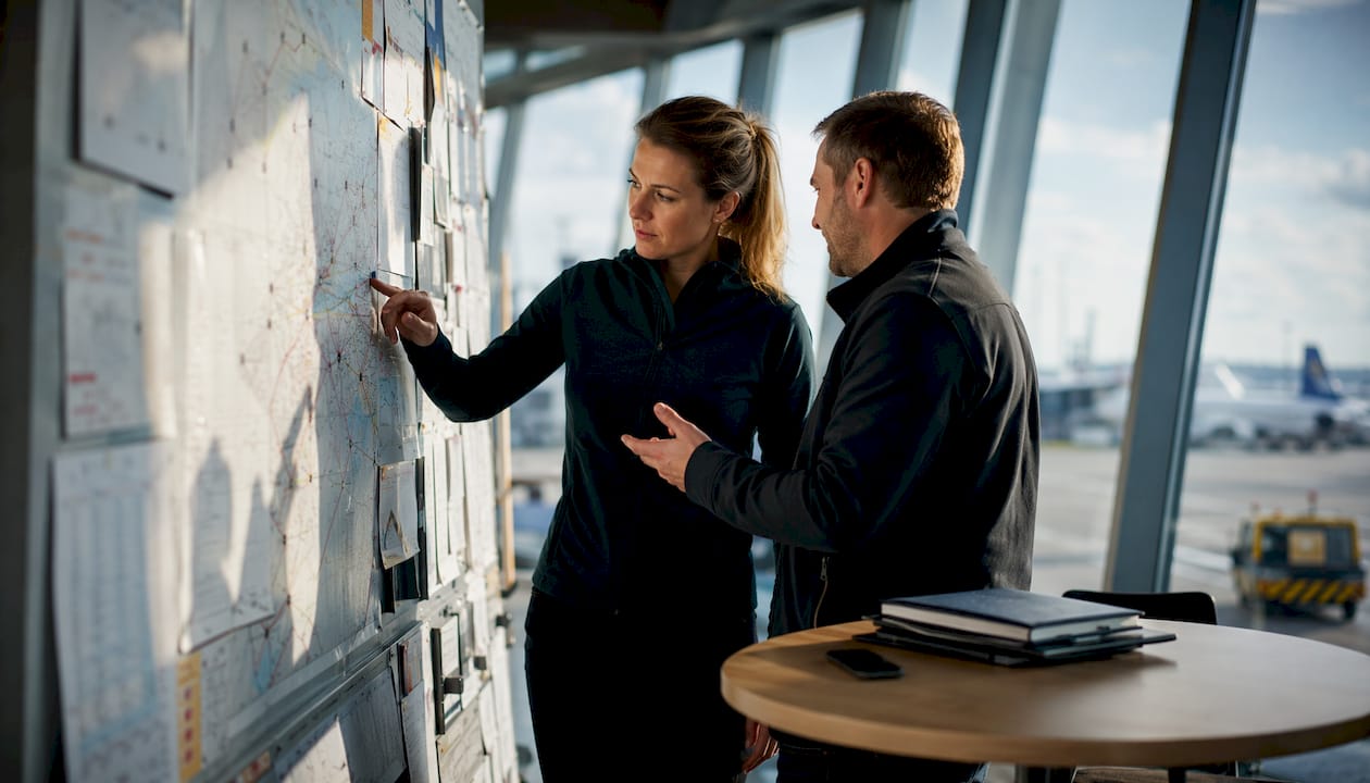 De transportplanner overlegt samen met een collega over de beste routes.
