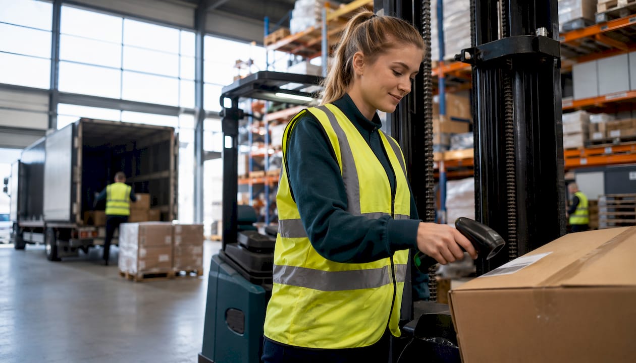 Een medewerker in het magazijn controleert en scant de binnenkomende producten in het distributiecentrum.