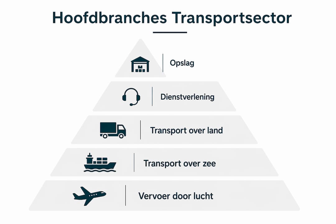 Overzichtelijke infographic met de vijf belangrijkste deelgebieden binnen de transportsector