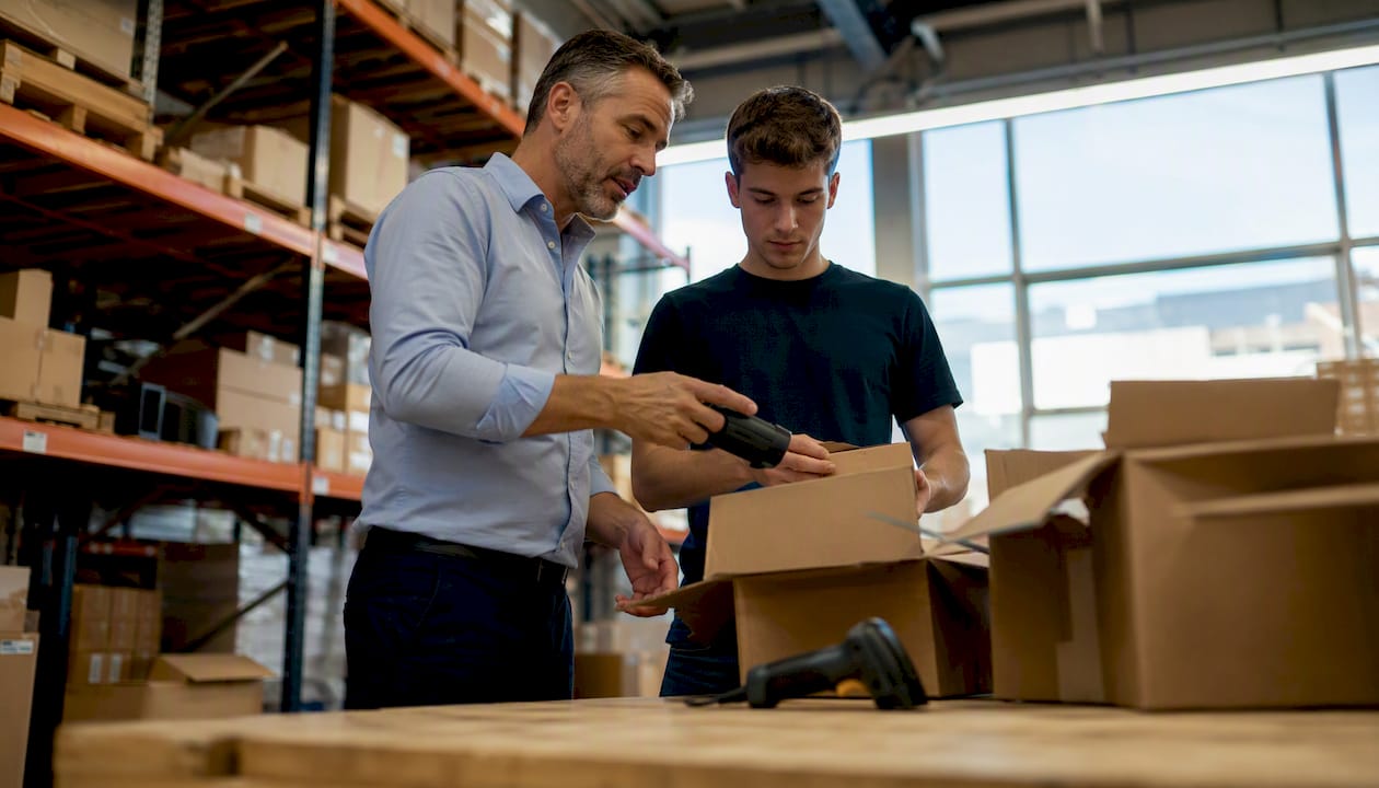 Een leidinggevende legt uit hoe het batch picken in het magazijn werkt en geeft daarbij duidelijke instructies aan het team.