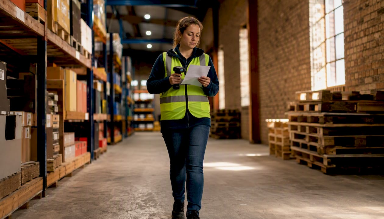 Een orderpicker loopt door het gangpad van het magazijn en scant producten.