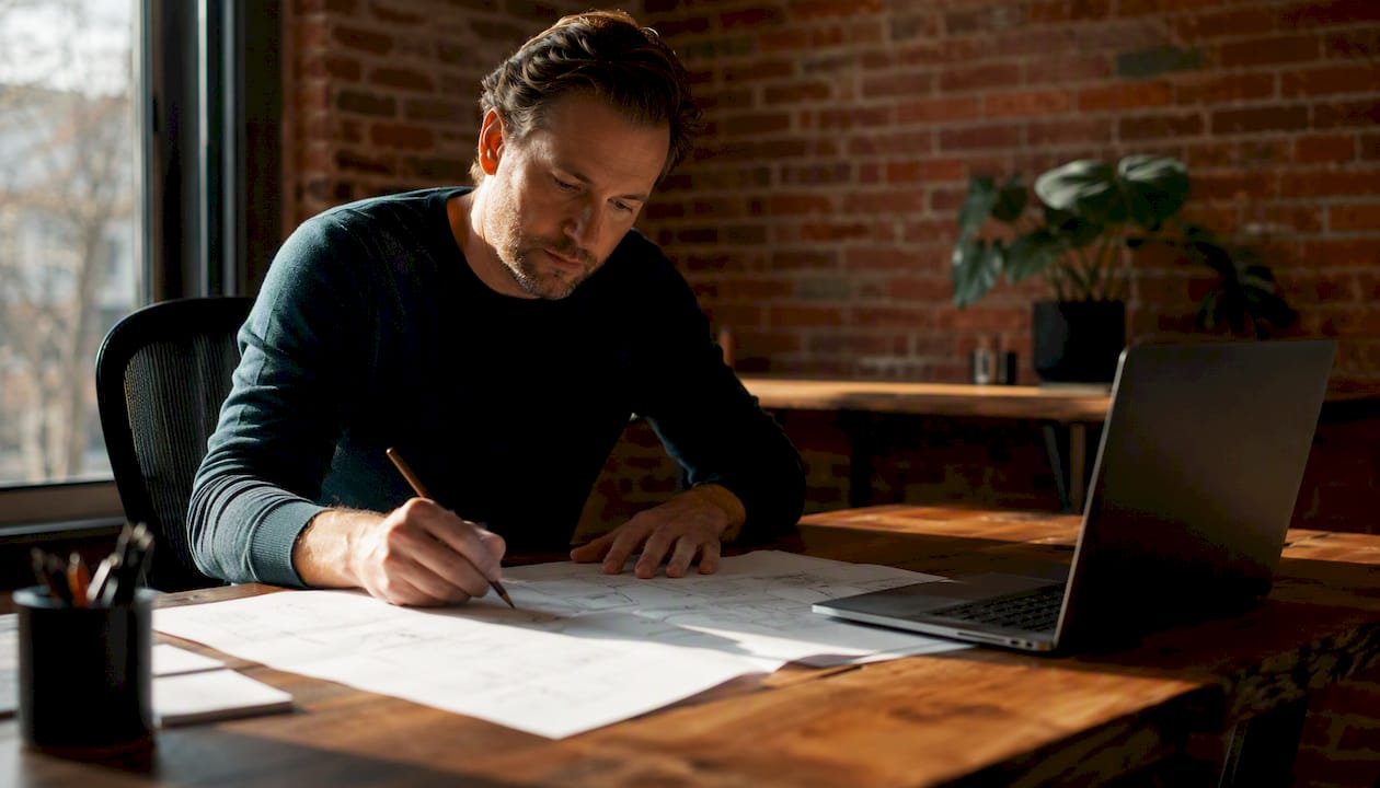 Aan zijn bureau schetst een procesanalist de workflow uit op papier.