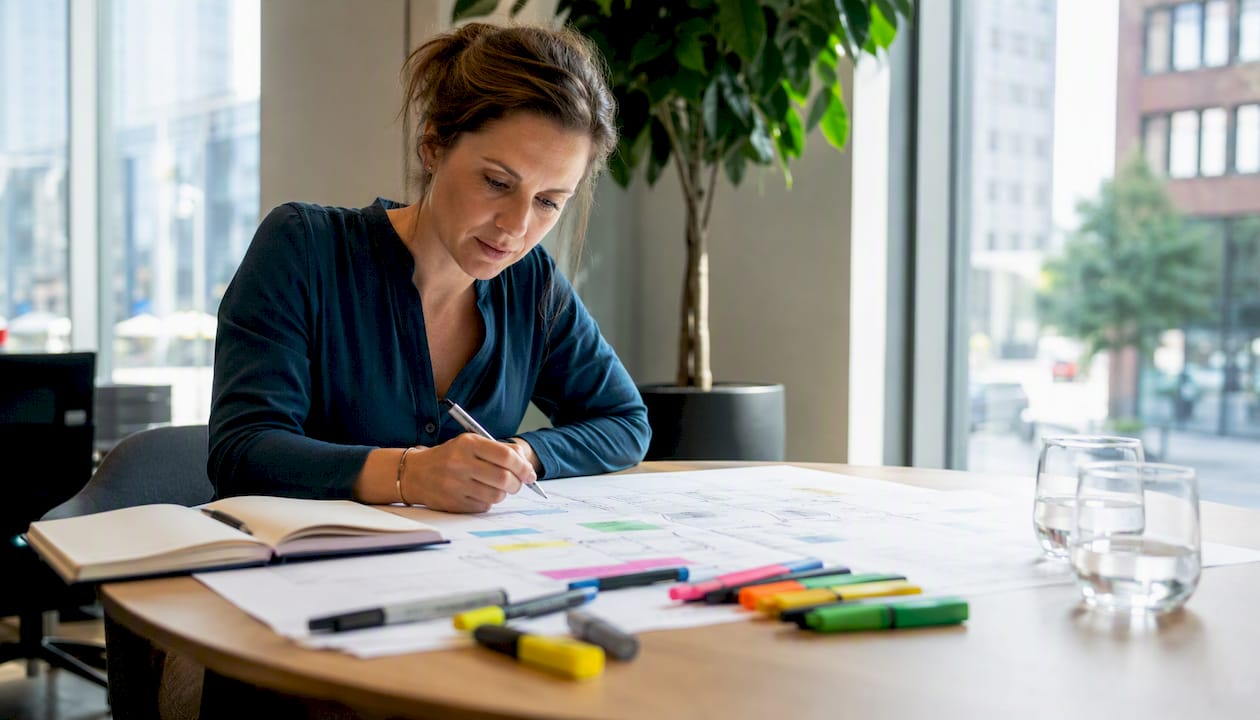De logistiek manager bekijkt aandachtig de proceskaart op het kantoor in het magazijn.