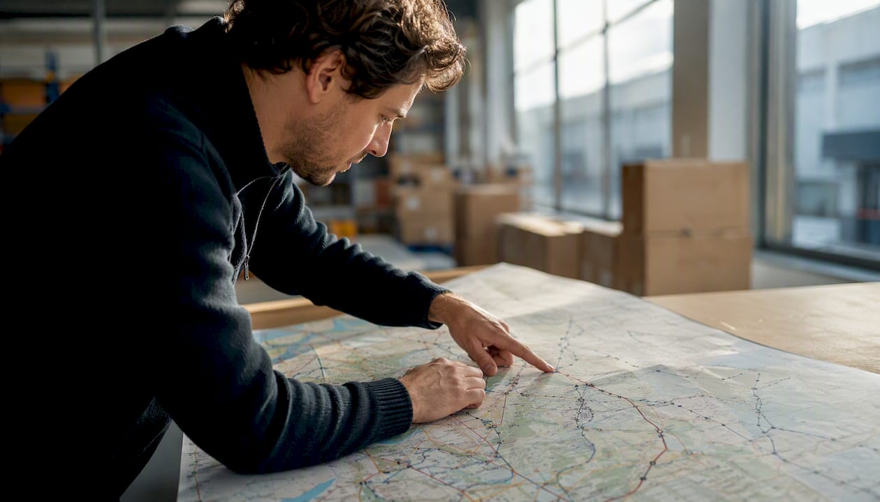 Een planner buigt zich over de kaart om de route zorgvuldig te bestuderen.